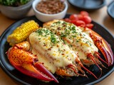 Lobster with cheese, corn, and tomatoes on table