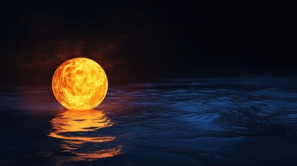 fiery orb reflecting on a dark rippling ocean in the deep night