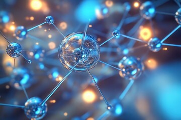 Poster - intricate representation of molecular structures glowing in blue and orange hues