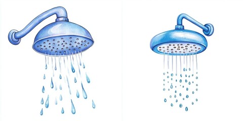 Wall Mural - watercolor icon of showerhead with water drops in stitched style