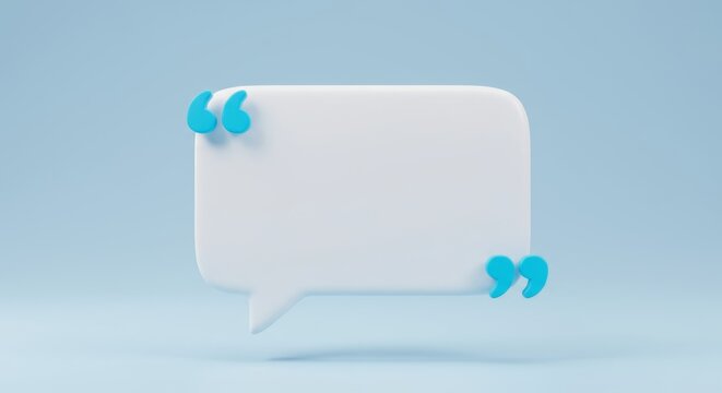 Modern 3D Rendering of a Speech Bubble with Cyan Quotation Marks,Minimalist style