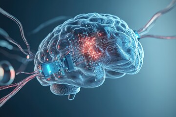 Poster - Brain with circuits depicting the fusion of technology and biology in a digital environment