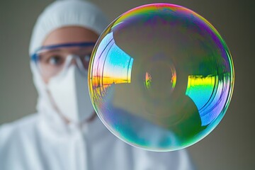 Poster - Colorful soap bubble reflects surroundings in a lab environment during a scientific experiment