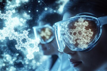 Poster - Scientists wearing goggles observe molecular structures in a high-tech laboratory setting