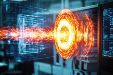 Fototapete - Visual representation of a digital portal with fiery energy in a tech environment