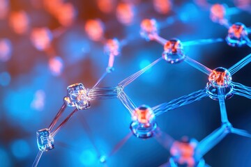 Poster - modern illustration of molecular structure in vibrant blue and orange hues