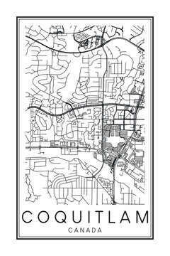 Printable downtown road map poster of the Canadian city of COQUITLAM on solid white background with city name