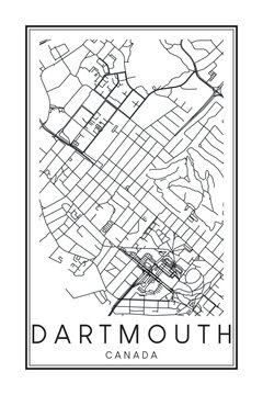 Printable downtown road map poster of the Canadian city of DARTMOUTH on solid white background with city name