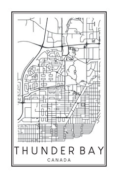Printable downtown road map poster of the Canadian city of THUNDER BAY on solid white background with city name