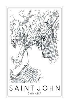 Printable downtown road map poster of the Canadian city of SAINT JOHN on solid white background with city name