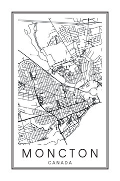 Printable downtown road map poster of the Canadian city of MONCTON on solid white background with city name