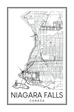 Printable downtown road map poster of the Canadian city of NIAGARA FALLS on solid white background with city name