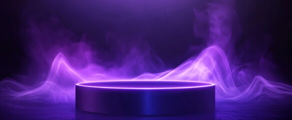 Poster - Vibrant purple podium stage with glowing effects and smoke in a modern digital setting
