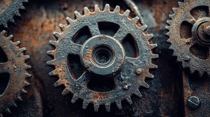 Wall Mural - distressed gears on rusty metal surface in harsh light