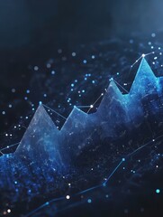 Poster - A sleek, dark blue 3D chart shows growth. It represents business, finance, and data analysis.This digital chart uses connected dots, lines, and shapes.The low-poly style looks like a starry night sky