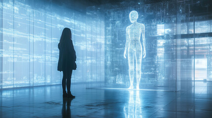 Poster - Woman in a high-tech office interacting with a life-sized holographic figure, symbolizing futuristic communication and advanced digital technology