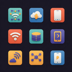 Poster - Set of cloud computing and wireless network icons in various styles, representing data storage, internet connectivity, and digital communication for technology applications.