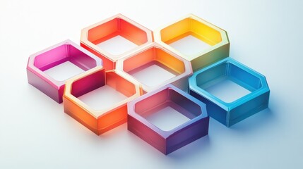 Poster - interconnected hexagons, each filled with a gradient of colors, creating a honeycomb-like structure 