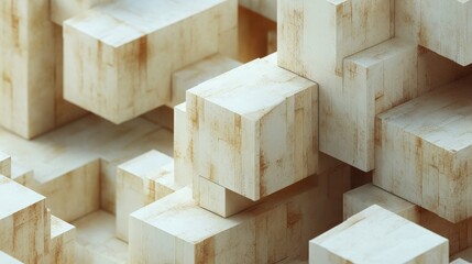 Poster - stacked cubes, each one slightly rotated, forming a surreal architectural structure that appears to 