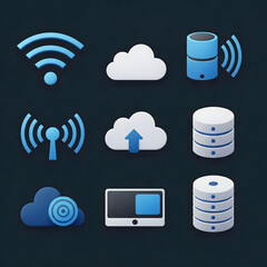 Poster - Set of cloud computing and wireless network icons in various styles, representing data storage, internet connectivity, and digital communication for technology applications.