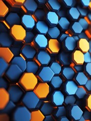 Poster - abstract blue and orange hexagon pattern background 3d illustration - minimalist geometric shapes design