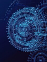 Poster - In the digital realm, a meticulously detailed vector wireframe representation of a gear emerges against a deep blue backdrop, symbolizing the intricacies of mechanical engineering and innovation