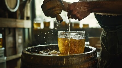 Poster - a skilled brewer preparing a batch of mead, mixing honey with water and yeast before placing it in a