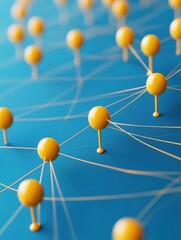 Poster - Yellow pins connected by wires forming a network with a blue background