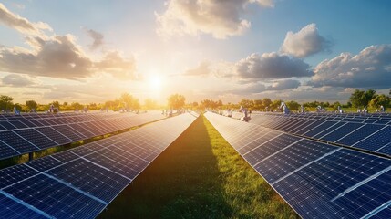 Poster - a solar panel factory where robots and engineers assemble solar cells into large panels for energy p