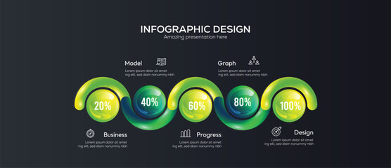 Fototapete - Business 5 option infographic presentation vector 3D colorful balls illustration. It features five circular elements with a 3D glassmorphism or neomorphism effect, gradient-filled background
