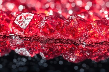 Poster - Close-up of vibrant red jelly crystals submerged in sparkling water, creating a mesmerizing effect with light reflection and bokeh, perfect for abstract backgrounds.