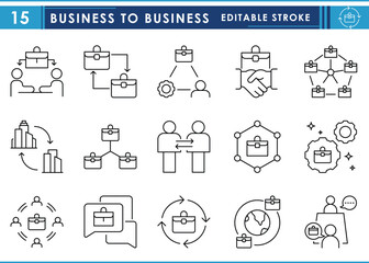 Leinwandbilder - A set of line icons related to Business to Business. B2B, business, connect, business growth, network, talk, agreement, and so on. Vector editable stroke.