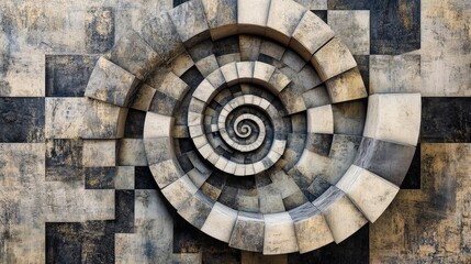 Poster - a spiral made from small squares, each one turning at a slight angle, gradually forming an ever-expa