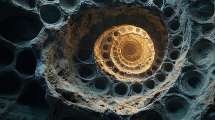 Poster - a spiral of hexagons that twists inward, each hexagon filled with intricate textures that shift as t