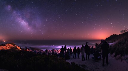 Wall Mural - a stargazing scene on a hilltop, where a group of people are looking up at the dazzling display of s