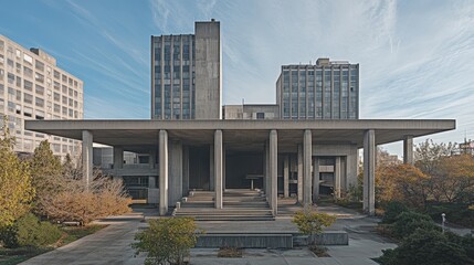 Poster - A stark Brutalist building with oversized columns, heavy concrete slabs, and sharp, jagged lines, standing out in a modern cityscape
