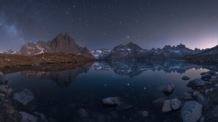 Wall Mural - a starry sky over a quiet mountain lake, with the stars reflecting perfectly on the glassy water