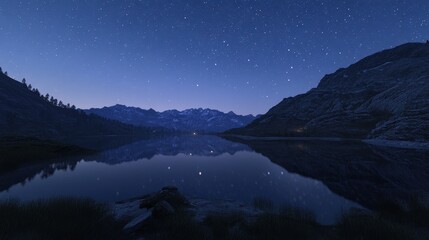 Wall Mural - a starry sky over a quiet mountain lake, with the stars reflecting perfectly on the glassy water