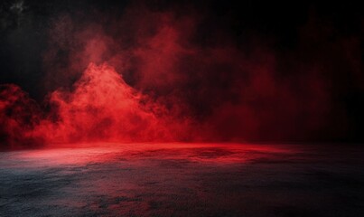 Wall Mural - Black background with red smoke, concrete floor, dark room, night scene, studio backdrop for product display, abstract backdrop, mockup template