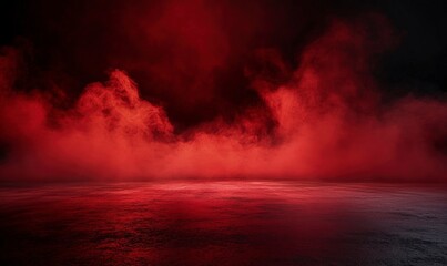 Wall Mural - Black background with red smoke, concrete floor, dark room, night scene, studio backdrop for product display, abstract backdrop, mockup template