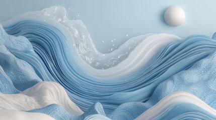 Poster - A mesmerizing view of fluid waves and textures in shades of blue and white, illuminated by a gentle sun, creating a serene and calming atmosphere