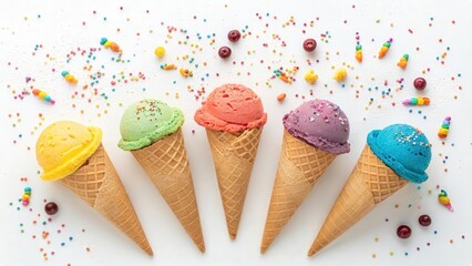 Wall Mural - A playful arrangement of ice cream cones with scoops in every color of the rainbow