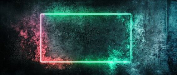 Fototapete - Glowing green neon rectangle frame surrounded by smoke and embers on dark grunge backdrop