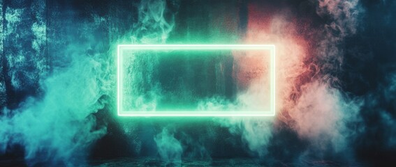 Fototapete - Glowing green neon rectangle frame surrounded by smoke and embers on dark grunge backdrop
