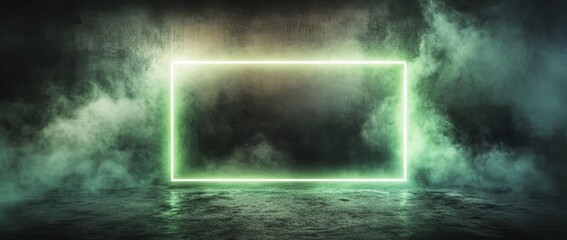 Fototapete - Glowing green neon rectangle frame surrounded by smoke and embers on dark grunge backdrop