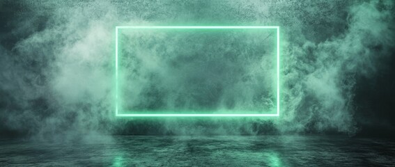 Fototapete - Glowing green neon rectangle frame surrounded by smoke and embers on dark grunge backdrop