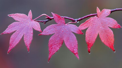 Poster - Dew-Kissed Leaves on a Branch in Soft Morning Light