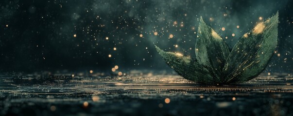 Poster - Futuristic glowing green lotus flower merging technology and eco-friendliness on a dark blue bokeh background