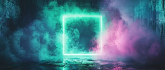 Fototapete - Glowing green neon rectangle frame surrounded by smoke and embers on dark grunge backdrop