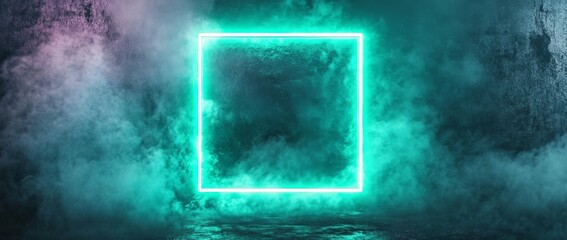 Fototapete - Glowing green neon rectangle frame surrounded by smoke and embers on dark grunge backdrop